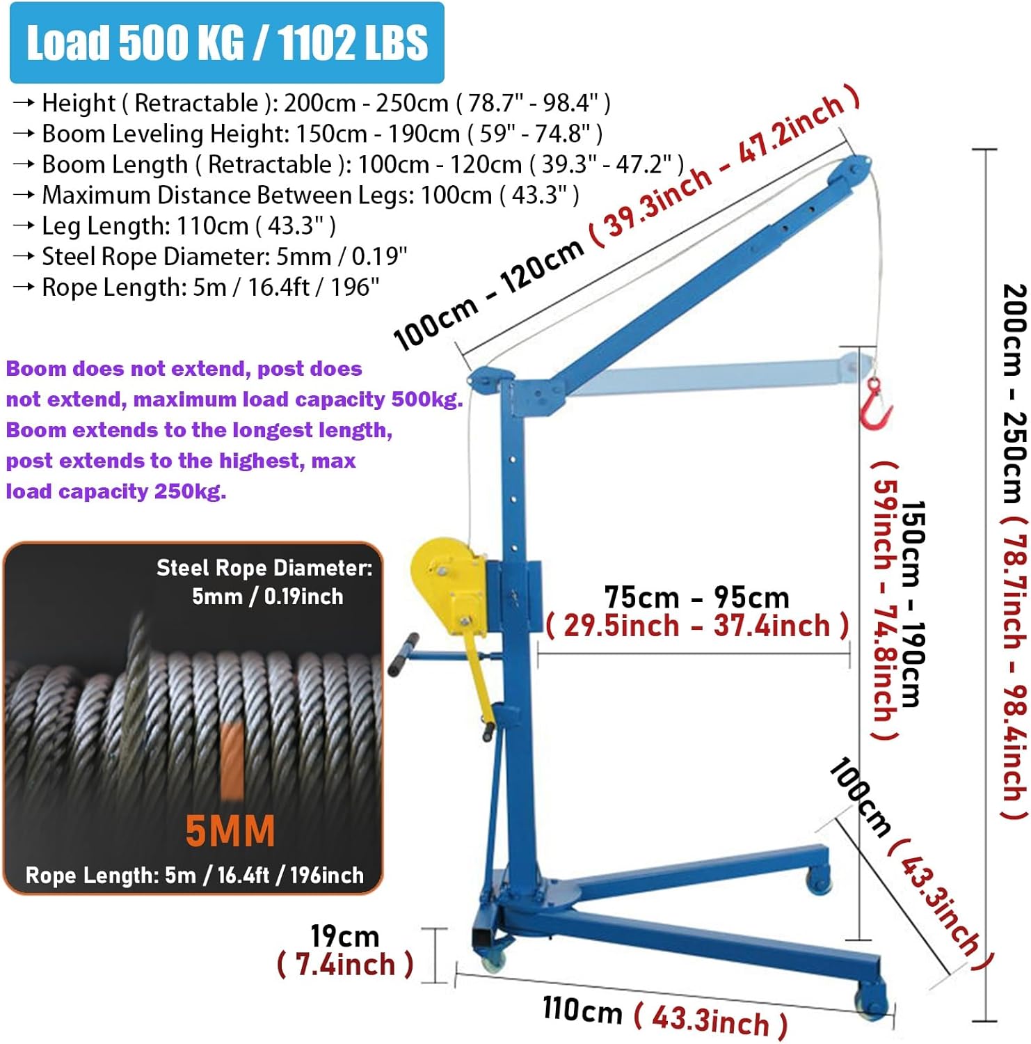 LXLZYXSF Heavy Duty Hand Lifting Crane Portable Hoist Stand, Foldable Detachable Mobile Hand Lift with 2-Way Self-Locking Winch, Outdoor Workshops Sewerage Manholes(Load 500kg/1102lbs)
