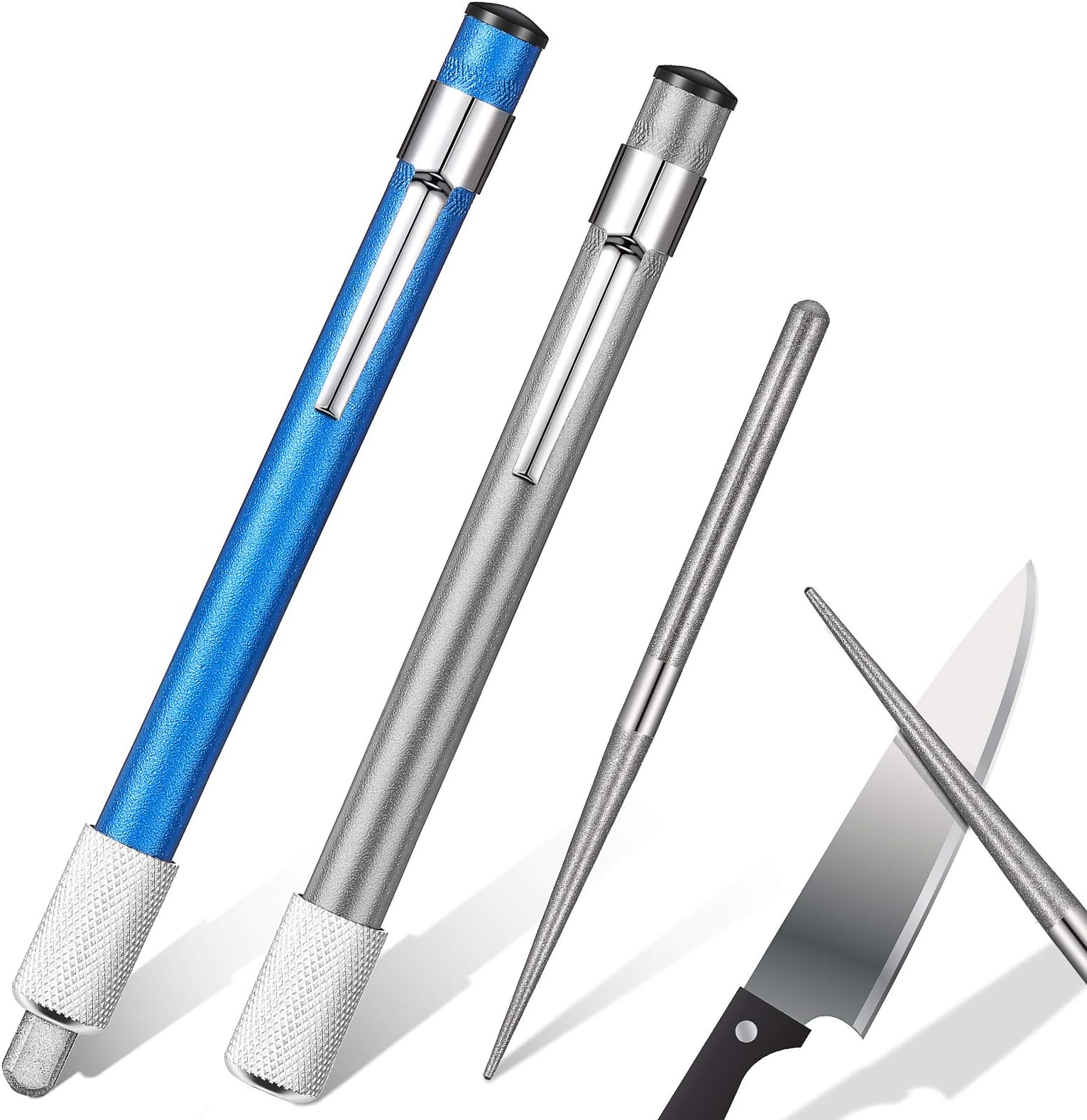 2 Pieces Diamond Retractable Knife Sharpener Steel Sharpening Rod for Kitchen Outdoor Serrated Stick Tools (Blue, Silver)