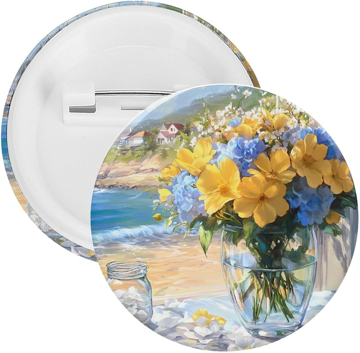 Seaside Bouquet Hydrangea Flowers Brooch Pins Fashion Tin Plate Badge Pin Gifts Round