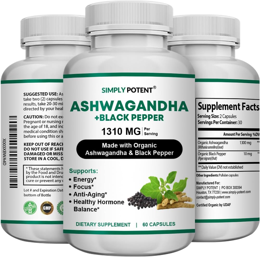 Simply Potent Ashwagandha Capsules, Organic Ashwagandha Supplement with Black Pepper, High Absorption Ashwagandha Root Pills, 650 mg Ashwagandha Extract for Stress Immune Energy & Mood Support, 60 Ct
