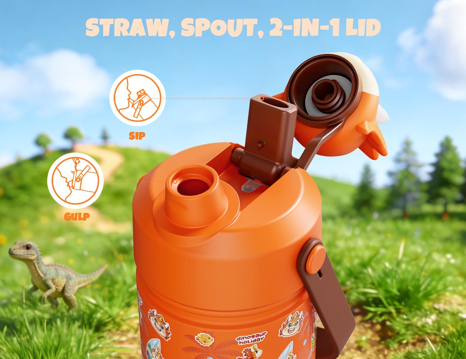 POWCAN 18 oz Kids Water Bottle Insulated: 2-in-1 Straw Spout Lid with Soft Animal Head, BPA-Free, Leakproof, Keep Cold 24H, Backpack Friendly, Stainless Steel Cup for School, Trip, Gift (Sunny Trike) image 3