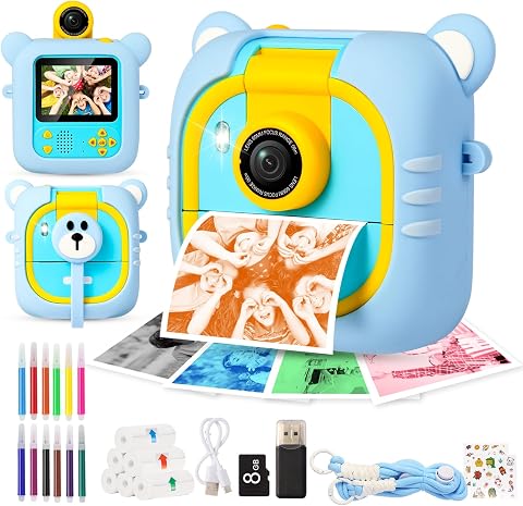 ARNSSIEN Camara Fotos Infantil Instantanea 2,4"Camara instantanea Lente180° | 1080P Impresión instantánea, 7 papeles (4 Col: O/R/V/B+3 B&N), regalo cumpleaños y Navidad para niños y niñas 3-12 años, M2