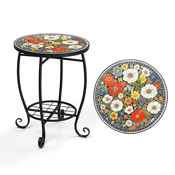 VINGLI Outdoor Side Table for Patio, Small Outdoor Table with Storage Shelf, Heavy Duty Metal Frame Patio Side Table for Outside Balcony Garden Porch