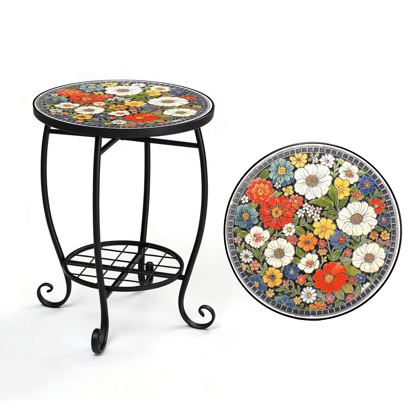 Bonnlo Mosaic Garden Table, Round Side Table with 35cm Ceramic Top, Small Plant Stand for Indoor/Outdoor, Vibrant Floral