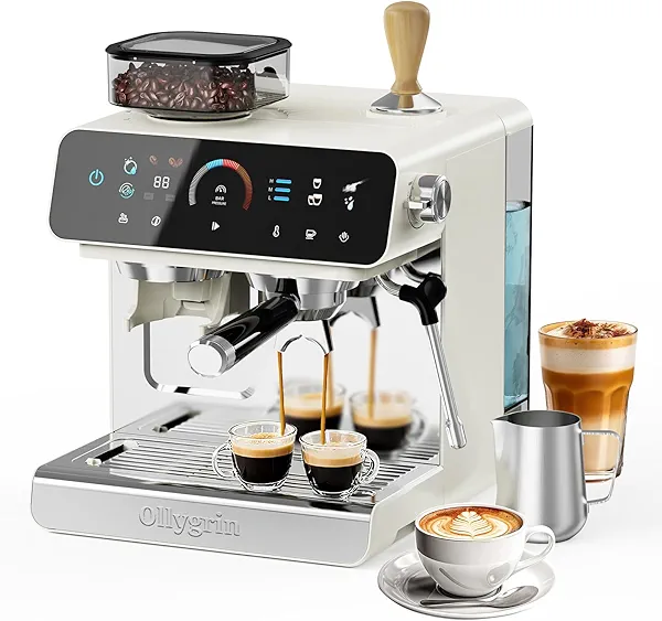 Ollygrin Espresso Machine with Grinder, 20 Bar Professional Espresso Maker with 19 Grind Sizes, Coffee Machine with Milk Frother, 2.8L Removable Water Tank for Latte & Cappuccino