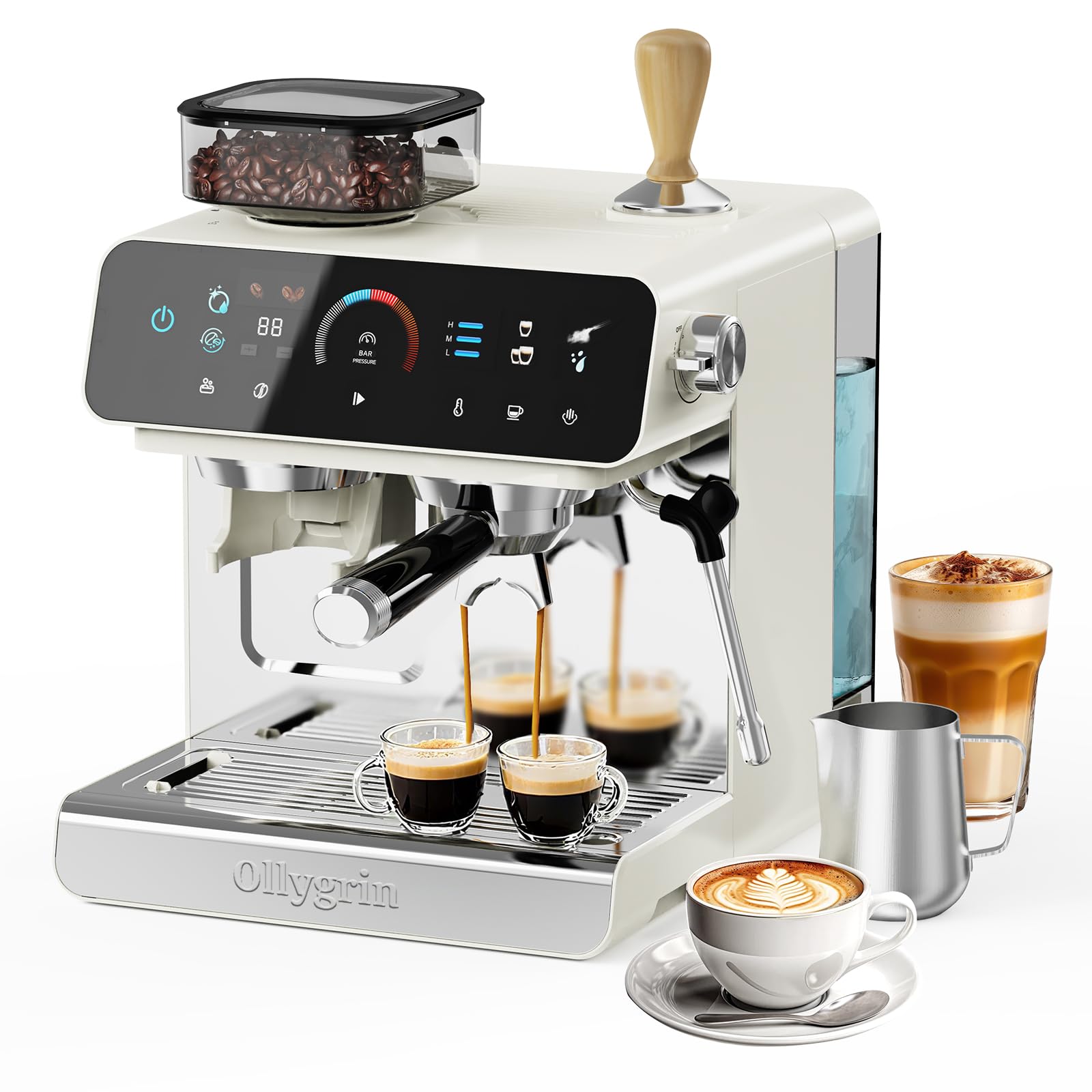 Photo 1 of Ollygrin 20 Bar Espresso Machine with Grinder, Espresso Maker with 19 Grinding Settings, Coffee Machine with Pressure Gauge, 94.7Oz Removable Water Tank for Latte & Cappuccino