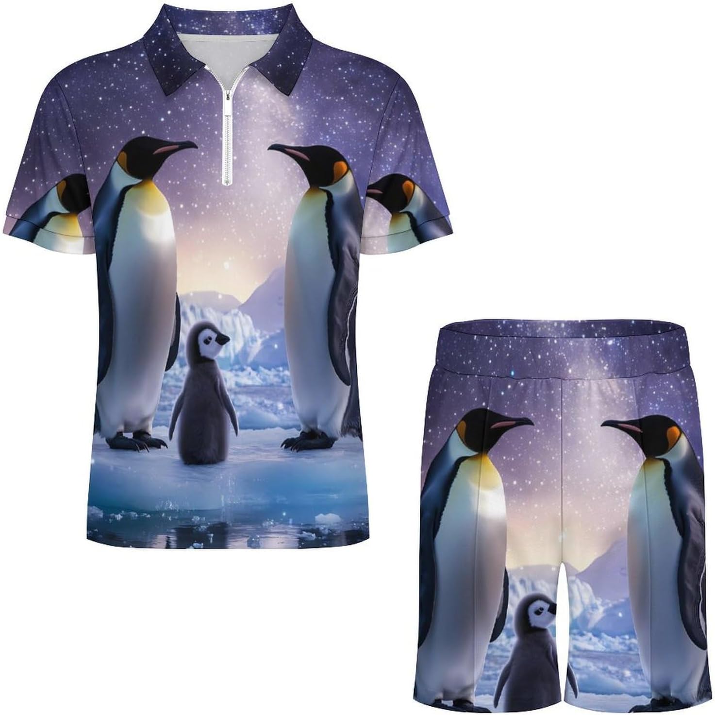 Cute Penguin Family Mens Polo Shirts Track Suits 2 Piece Short Sleeve Sweatsuit 1/4 Zip Golf Loungewear for Sports