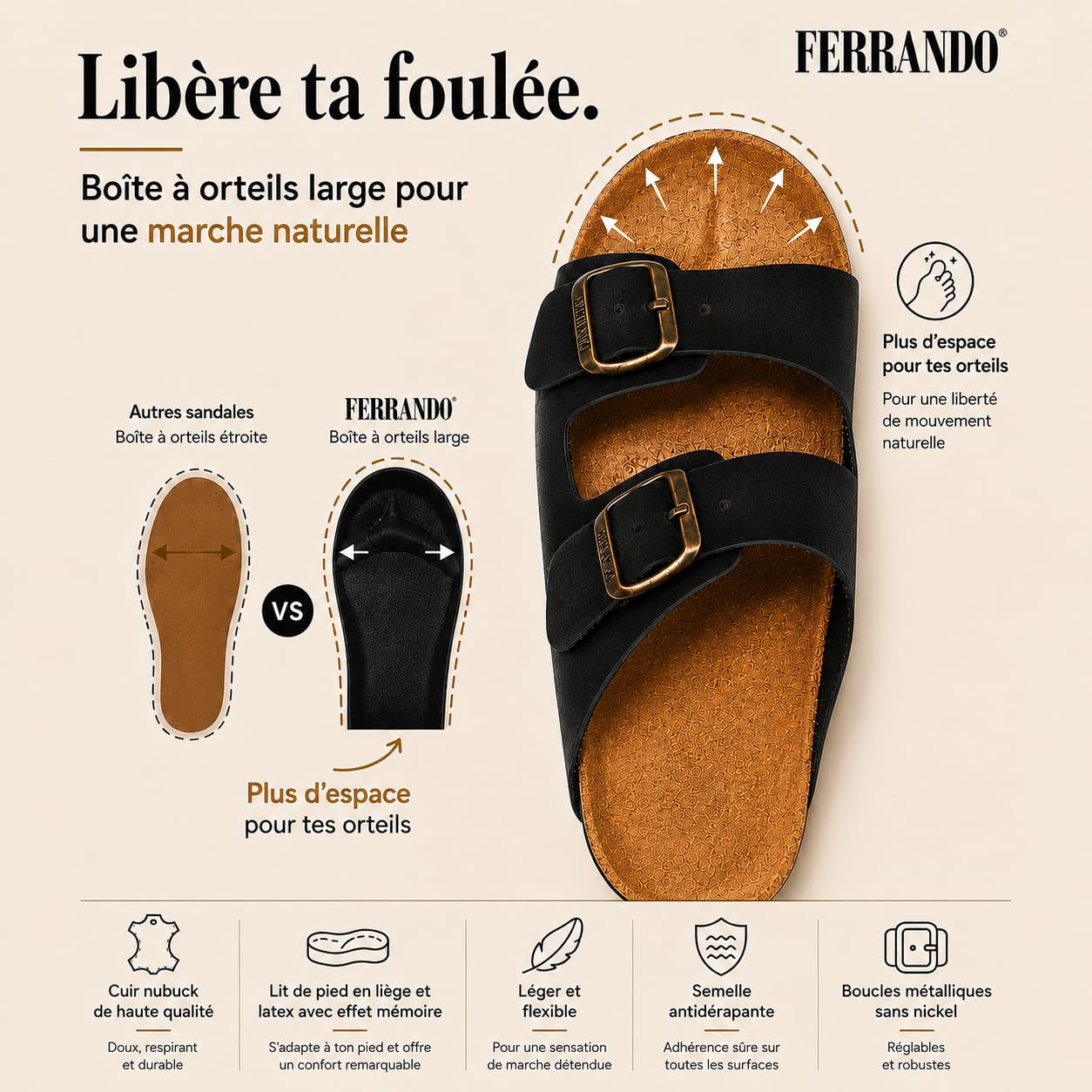 Sandales pour homme en cuir nubuck bio anatomiques confortables en liège naturel été respirantes antidérapantes sabot mules piscine pantoufles plage boucles réglables sans nickel EVA fabriquées en