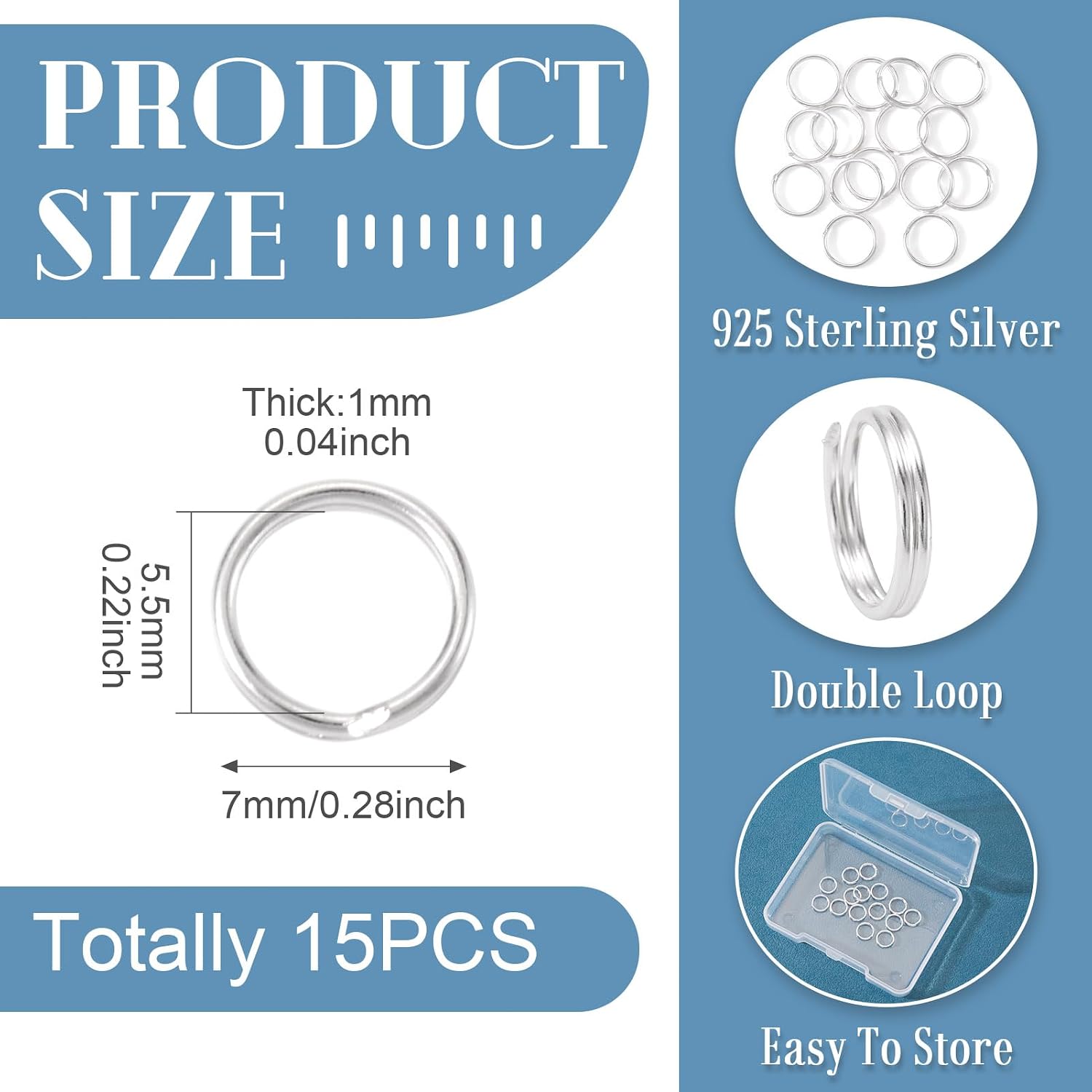 15 Pcs 925 Sterling Silver Split Jump Rings 5.5mm Round Open Ring Double Loop Jump Rings Connectors for Necklaces Bracelets Earrings Keychains DIY Crafts