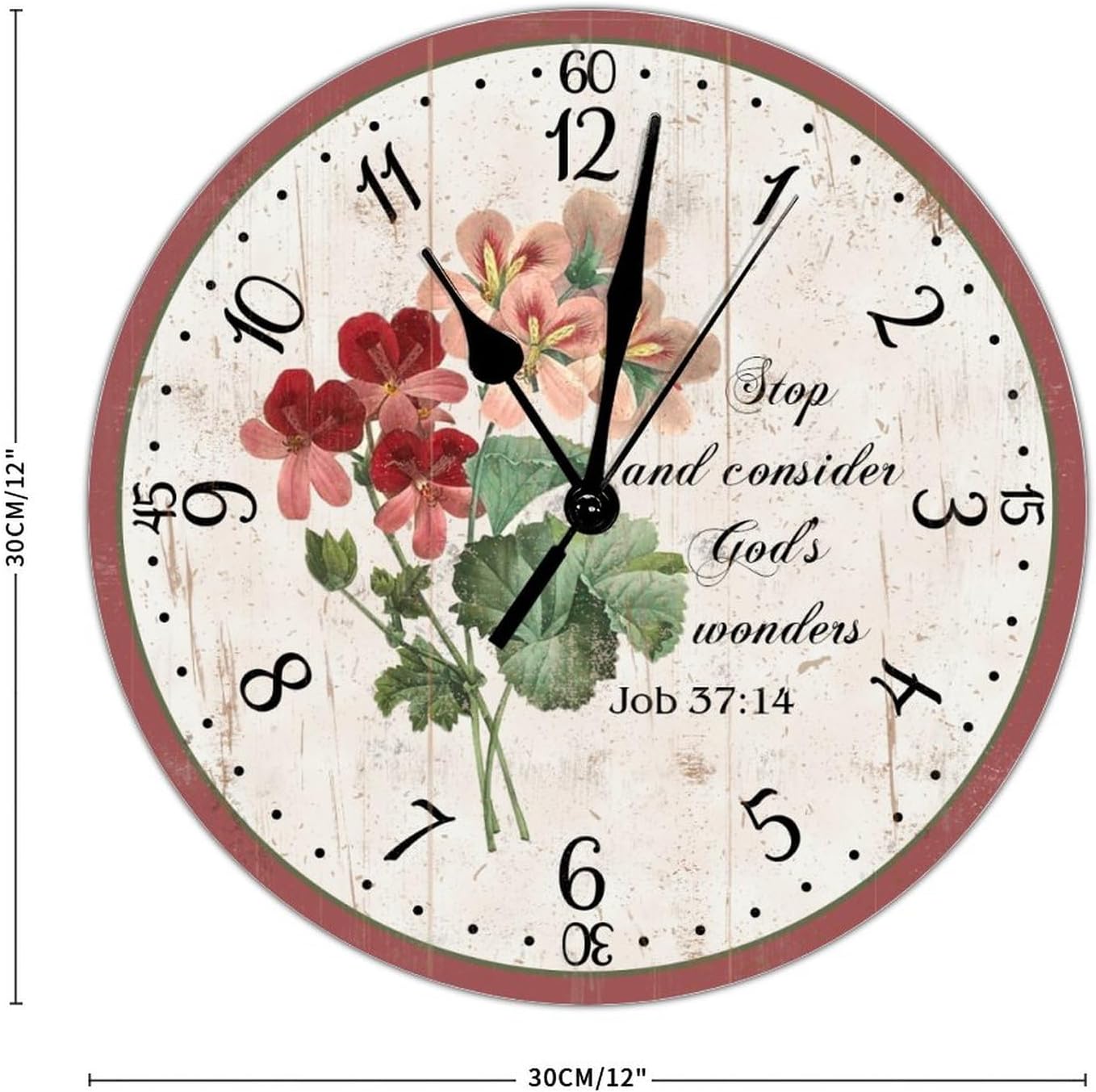 Christian Flower Round Clock Bible Job 37:14 Wooden Wall Clocks for Kitchen Decor Clocks Battery Operated 12 inch Silent Non-Ticking Wooden Wall Clocks Vintage Clocks for Room Easy to Read