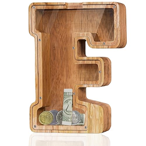 Vista 142 de Customized Name Large Wooden Piggy Bank for Boys Girls Alphabets Letter A-Z Coins Bills Money Change Bank Box Initial on Clear Cover