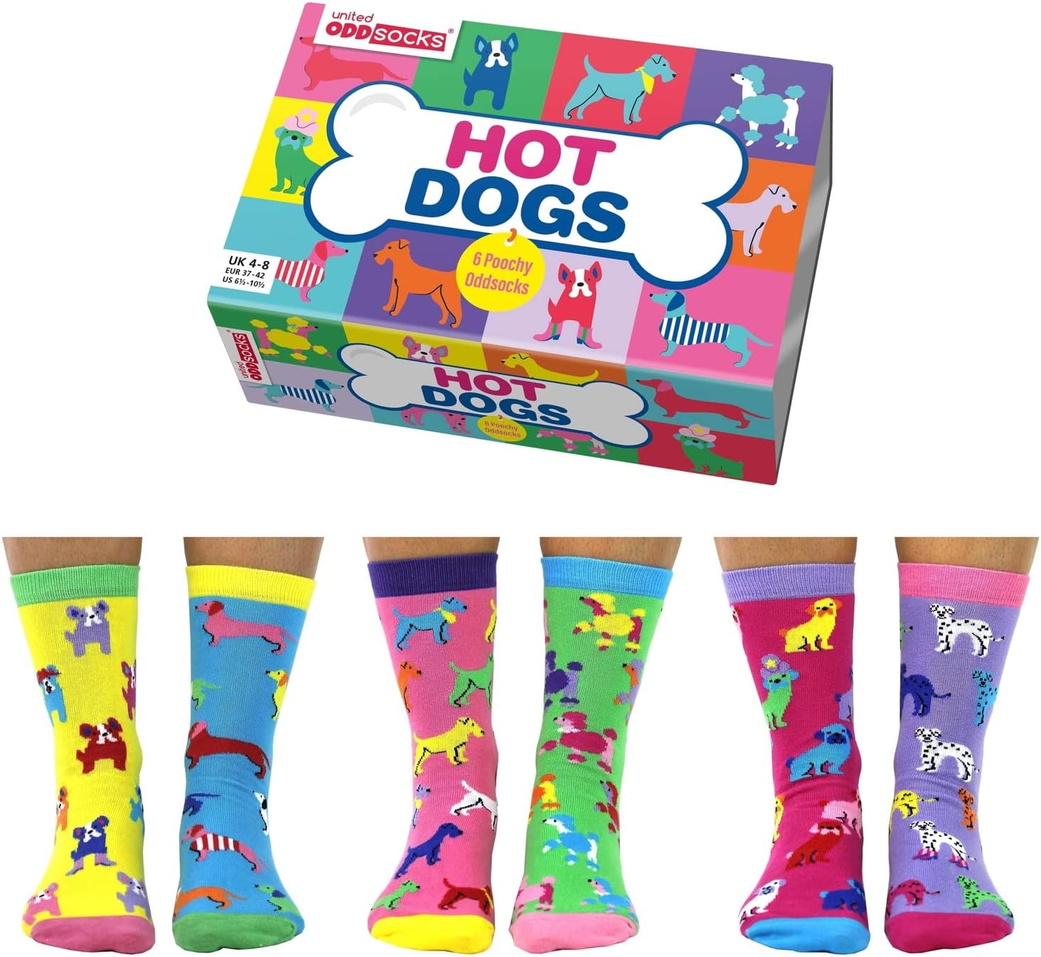 United OddsocksHot Dogs Gift Box – 6 Poochy Themed Oddsocks for Women – UK 4-8, EUR 37-42, US 6.5-10.5 – Colourful Dog Socks Gift Set, Cotton Rich, Crew Length, Perfect for Animal Lovers & Sock Fans