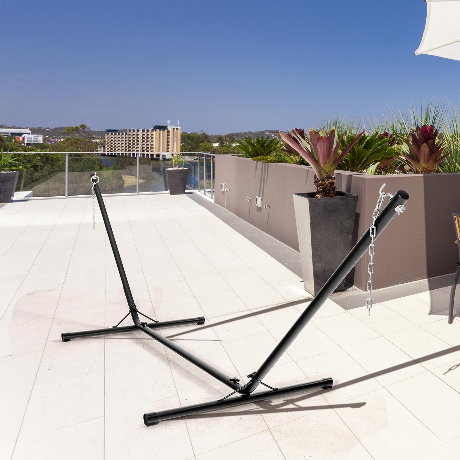 GOPLUS Soporte de Hamaca Universal portátil, Carga máxima 150 KG Material de Hierro, Resistente con Cadena para Colgar, Negro para jardín Camping Balcón, 325 x 100 x 106 CM