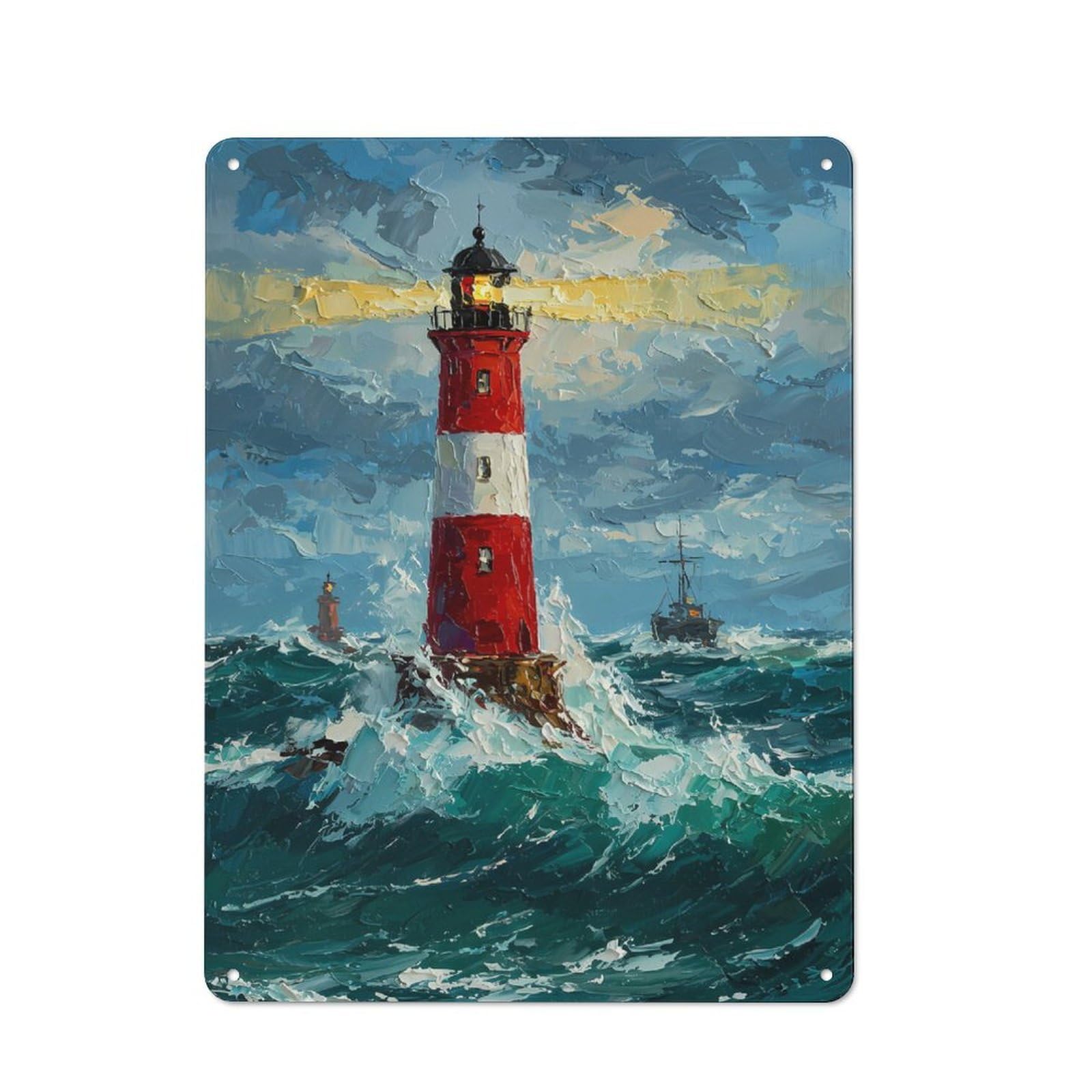 Junmoney Lighthouse In Stormy Sea Rustic Metal Wall Sign 40X30cm For Kitchen Or Home Bar, Suited To Home Bar Enthusiasts