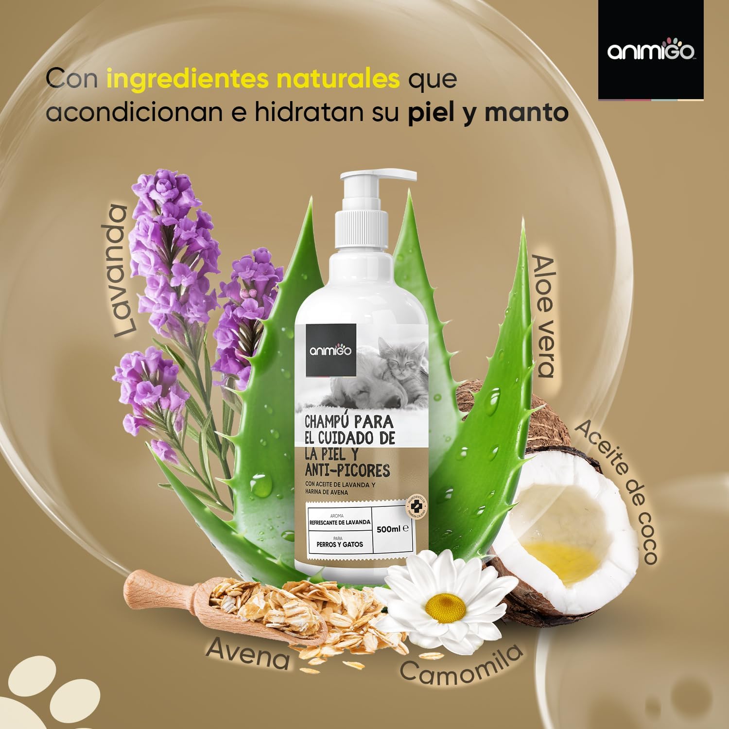 Champú Antipicor para Perros y Gatos con Aceite de Coco y Aloe Vera, 500 ml – Gel de Baño Hidratante con Lavanda, Manzanilla, Avena, Higiene para Perros Elimina Olores, Alivia el Picor – Piel Sensible 4
