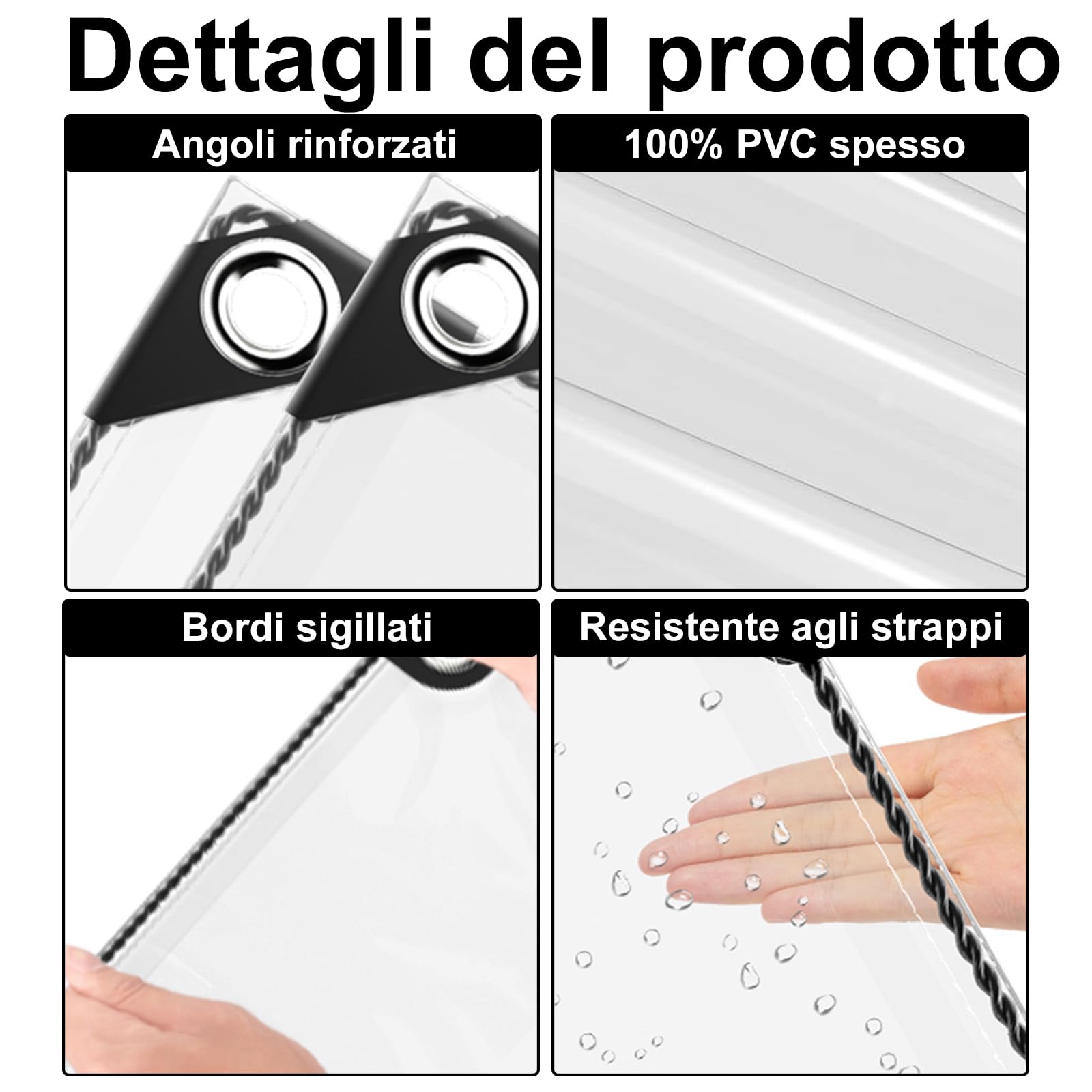 Telone impermeabile trasparente 420g/m², Telo resistente alle intemperie con occhielli, Teloni pieghevoli in PVC da 0,3 mm spessore per Barche, Giardino, auto, Compreso corde e fascette (2X3M)