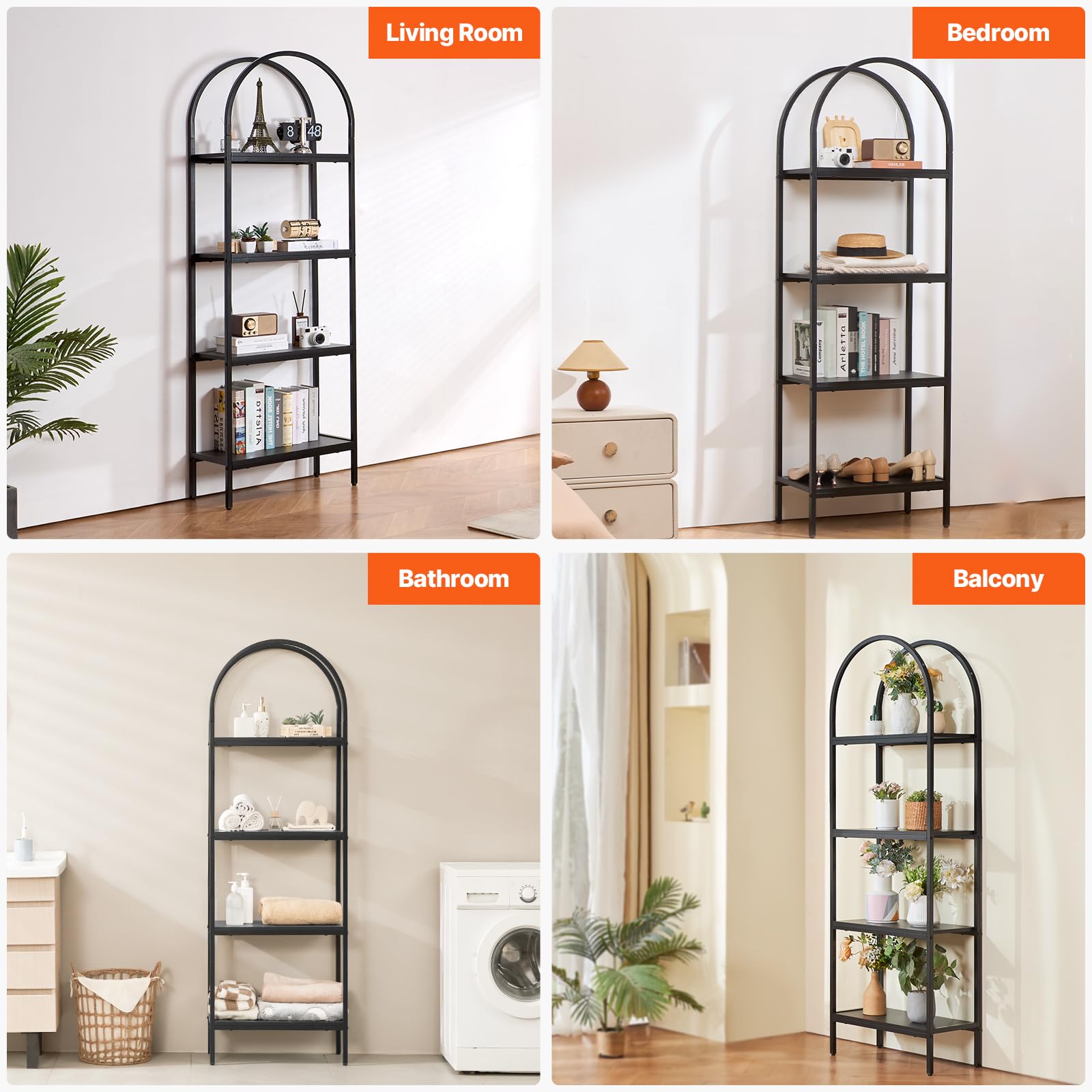 VEVOR Libreria in Metallo ad Arco Mobiletto Organizzatore da Casa Ufficio, Scaffale Portaoggetti Libri Riviste Forma ad Arco 4 Livelli, Scaffale con Ripiani Aperti, Scaffale Espositore Indipendente