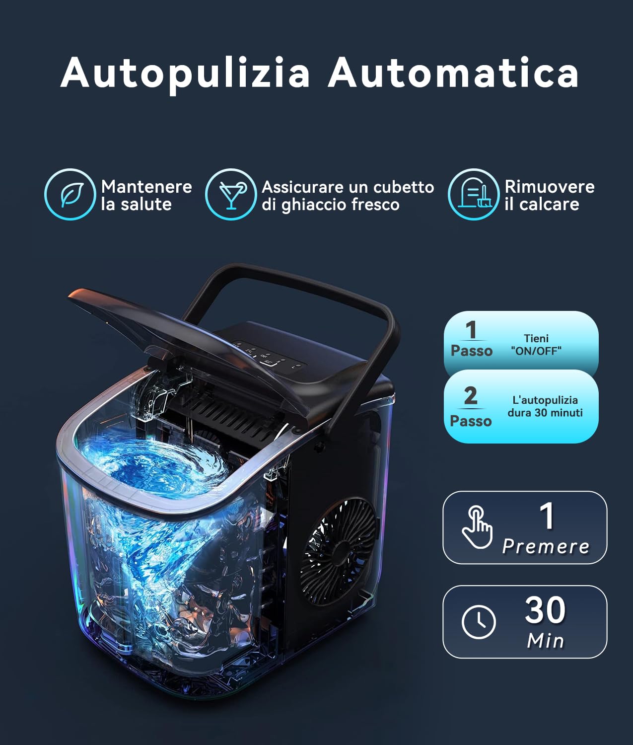 ecozy Macchina Ghiaccio, 12KG/ 24 ore, 9 Cubetti di Ghiaccio in 6 Minuti, 2 Dimensioni di Ghiaccio, Macchina del Ghiaccio Autopulente, Ice Maker Portatile per Casa/Festa/Cucina/Bar