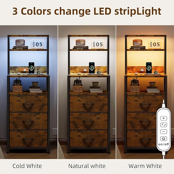 VERMESS Bedside Table with Charging Station and LED Light, Rustic Brown