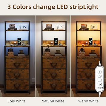 VERMESS Bedside Table with Charging Station and LED Light, Rustic Brown