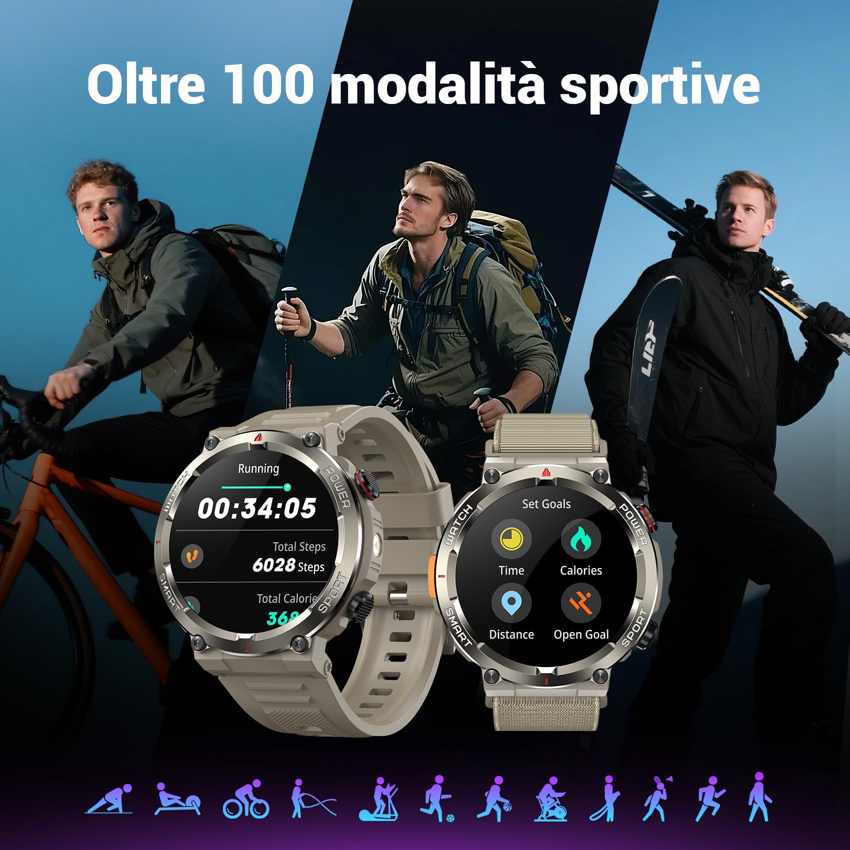 Blackview Smartwatch Uomo, Orologio Intelligente Fitness con Chiamate Bluetooth,1.45" Militari Smart Watch Tracker 100+ Modalità Sportive per Cardiofrequenzimetro,SpO2, Torcia,Bussola per Android iOS
