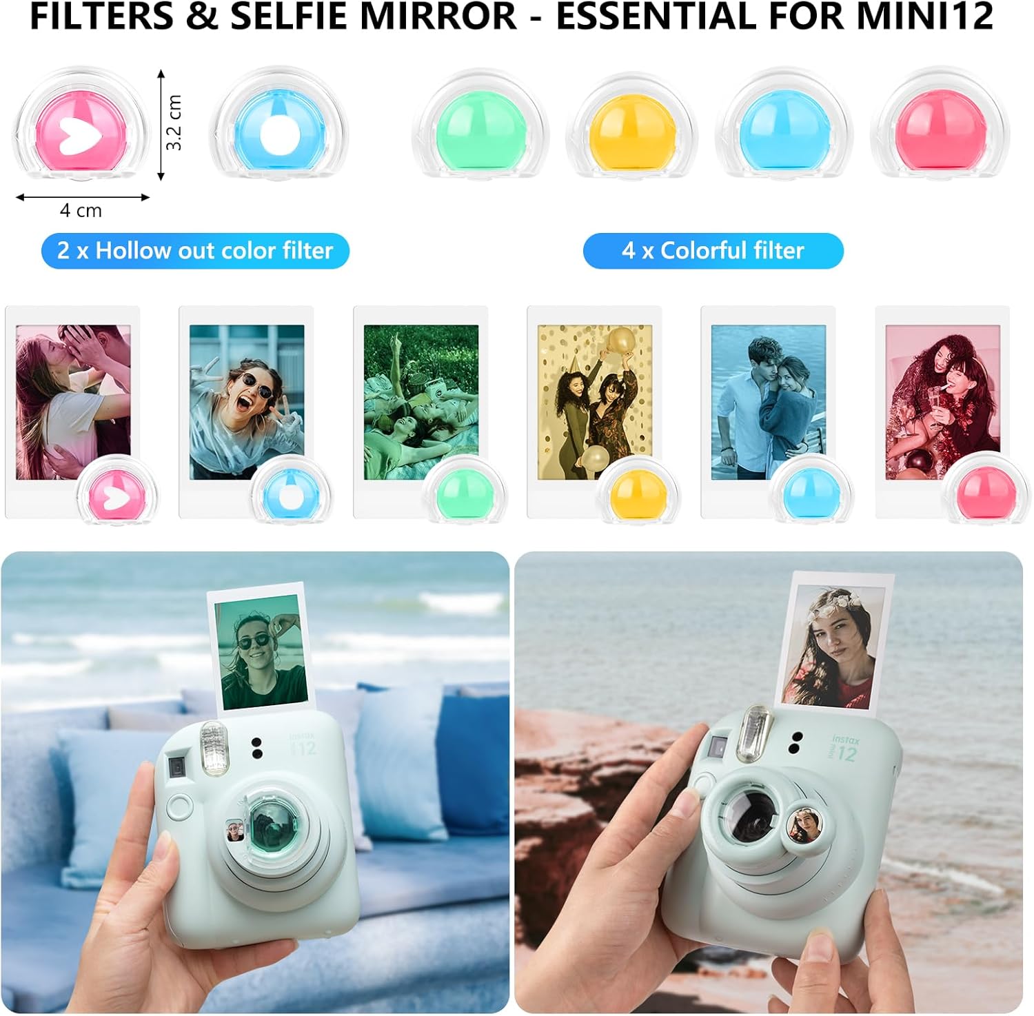 8 in 1- Camera Case and Accessories Compatible with Fujifilm Instax Mini 12, Mini 12 Case/Photo Album/Photo Frame & Stickers/Lens Filter/Selfie Mirror - Mint Green