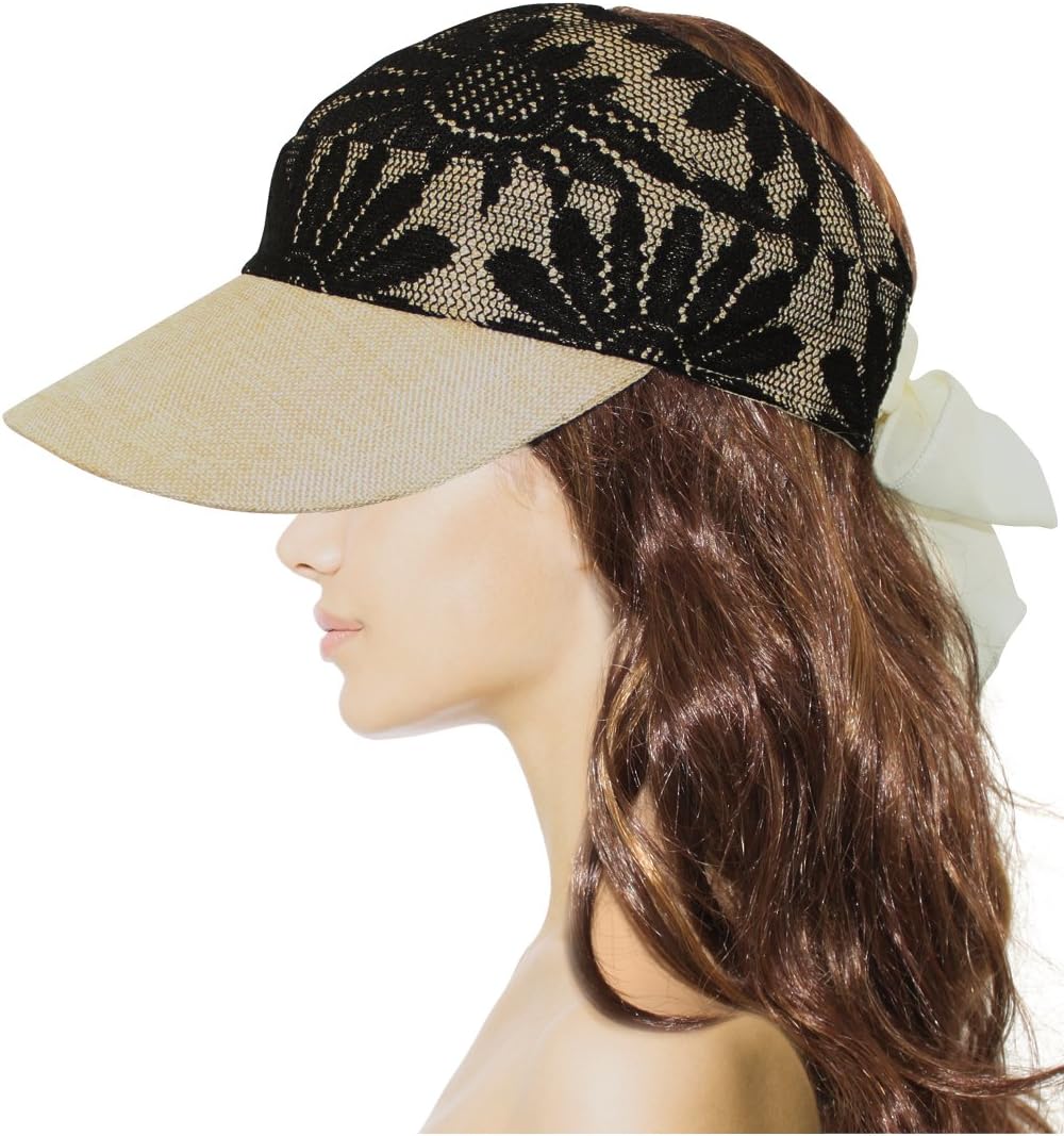 Dahlia Women's Summer Sun Hat - Fancy Lace Covered Visor with Ribbon Tie