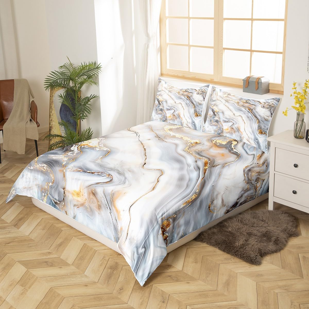 Juego de ropa de cama de mármol gris dorado para niños y adultos, funda de edredón de textura geométrica abstracta de mármol con textura grieta de ladrillo y lino con 2 fundas de almohada de doble ta
