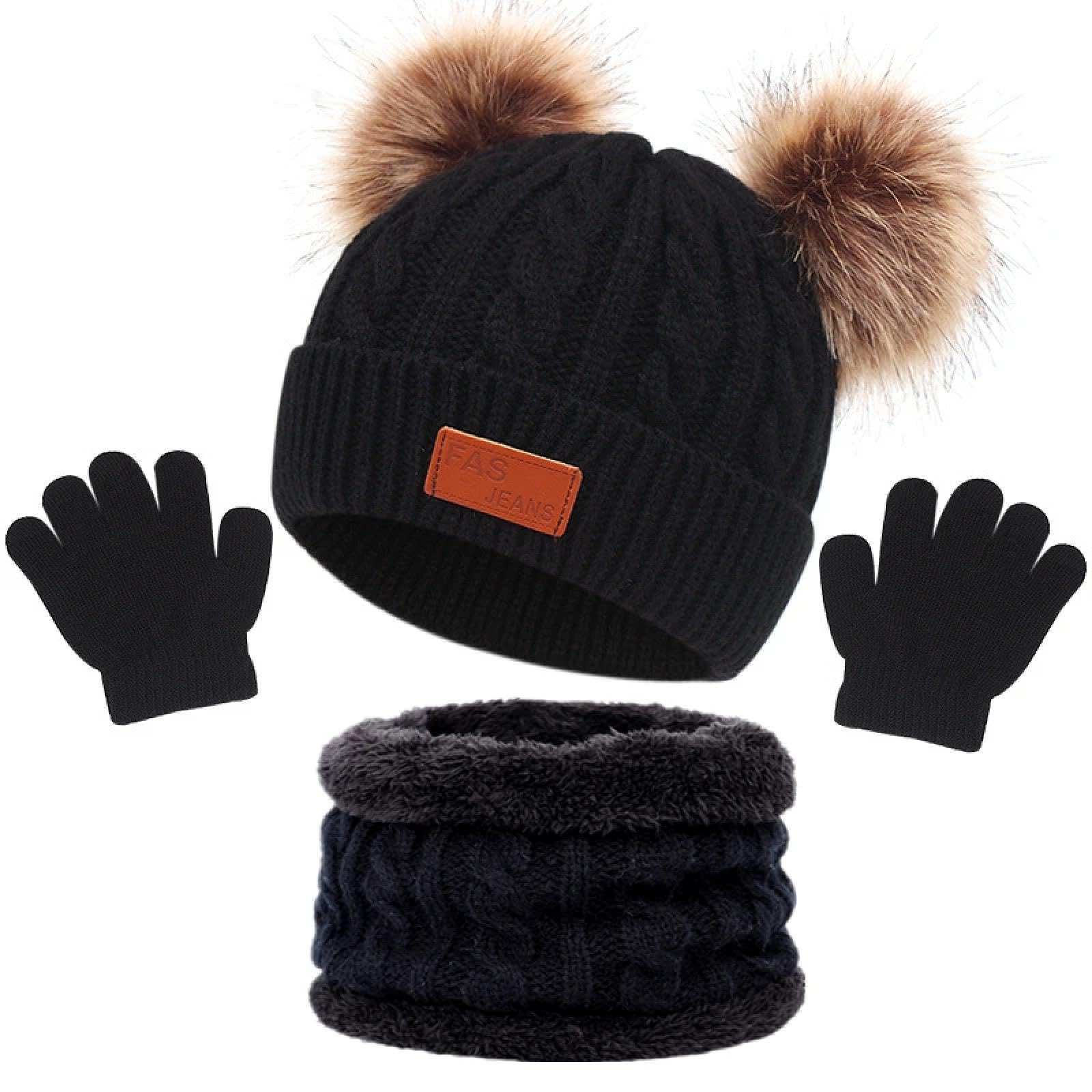Strickmützen Hüte Mützen Caps Beanie Mütze Beanie Kinder Winter Beanie Mütze Schal Handschuhe Warmer Anzug Für Kinder 1-10 Jahre Alt Mädchen Jungen Warme Doppel Pompoms Strickmütze