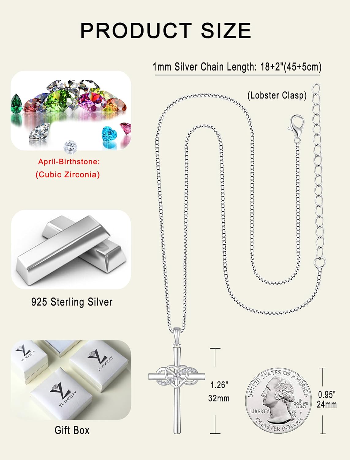 YL Women's Cross Necklace Sterling Silver Infinity Heart Crucifix Pendant Birthstone Criss Jewelry - Image 6