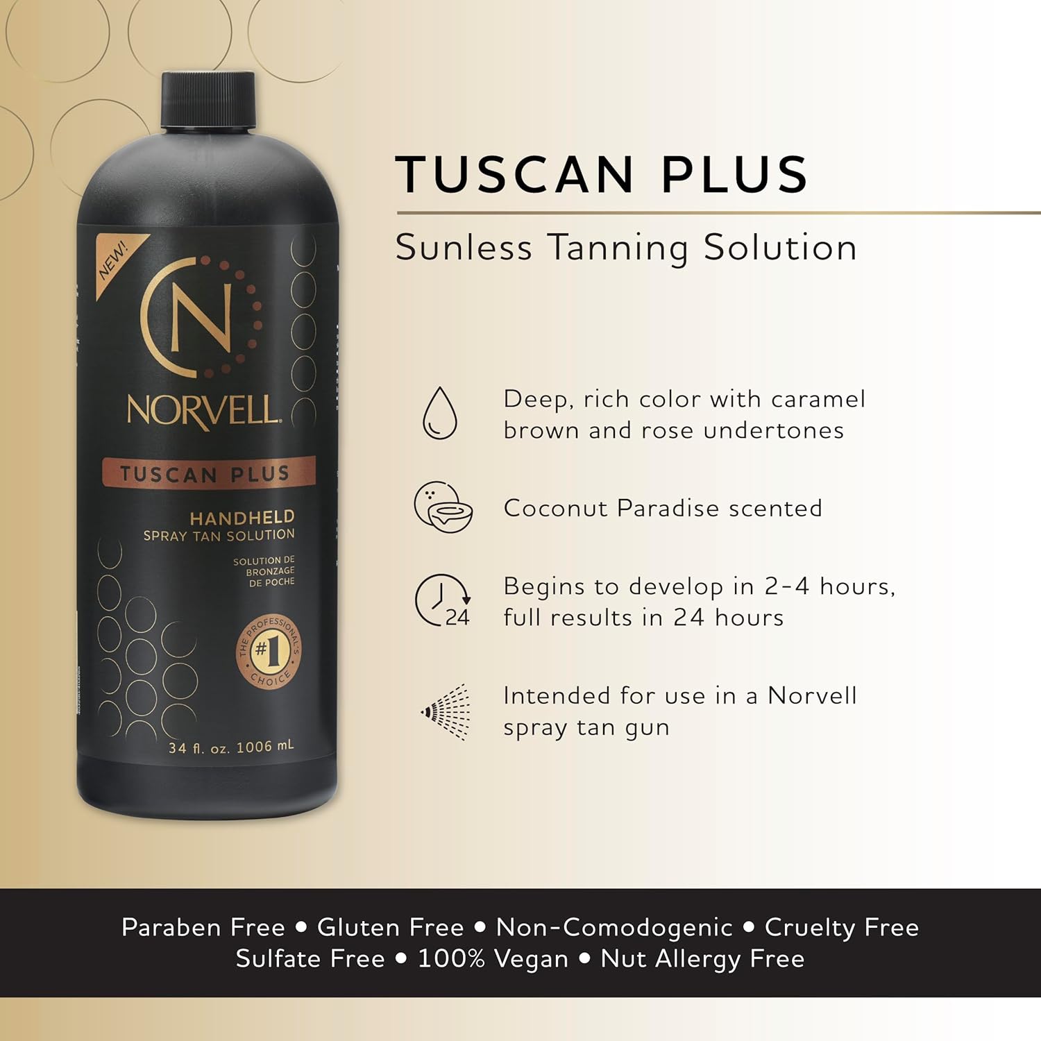 Norvell Tuscan Plus Sunless Spray Tan Solution 34 fl oz, Caramel Brown & Rose Tan – Professional Tanning Solution for Spray Tan Machines – Achieve Instant, Long-Lasting Natural Color - Image 2