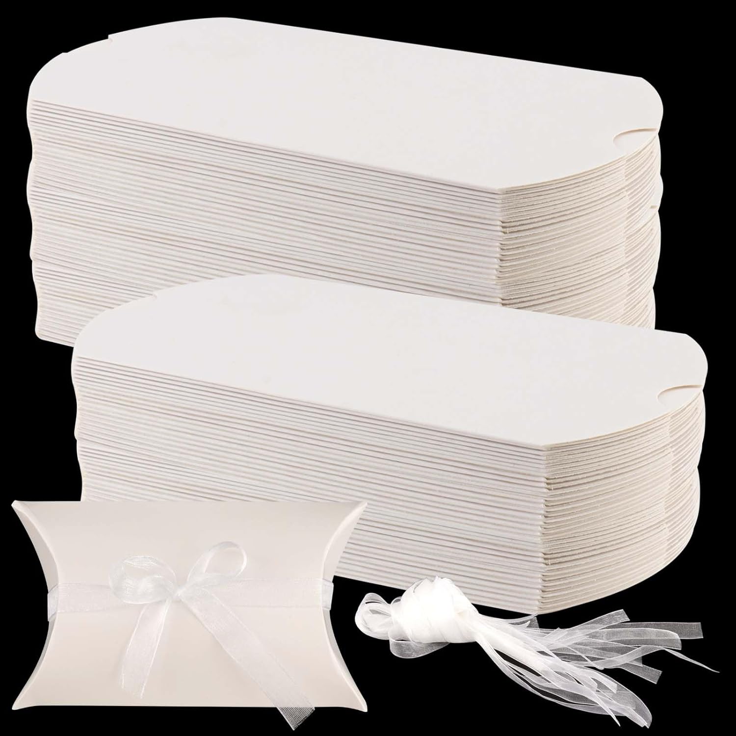 SEUNMUK 150 Pack 5.1 x 3.5 Inches Pillow Boxes, Kraft Paper Gift Boxes with Ribbon, White Pillow Candy Box Gift Box Party Wedding Favor for Anniversary, Birthday, Shower, Halloween