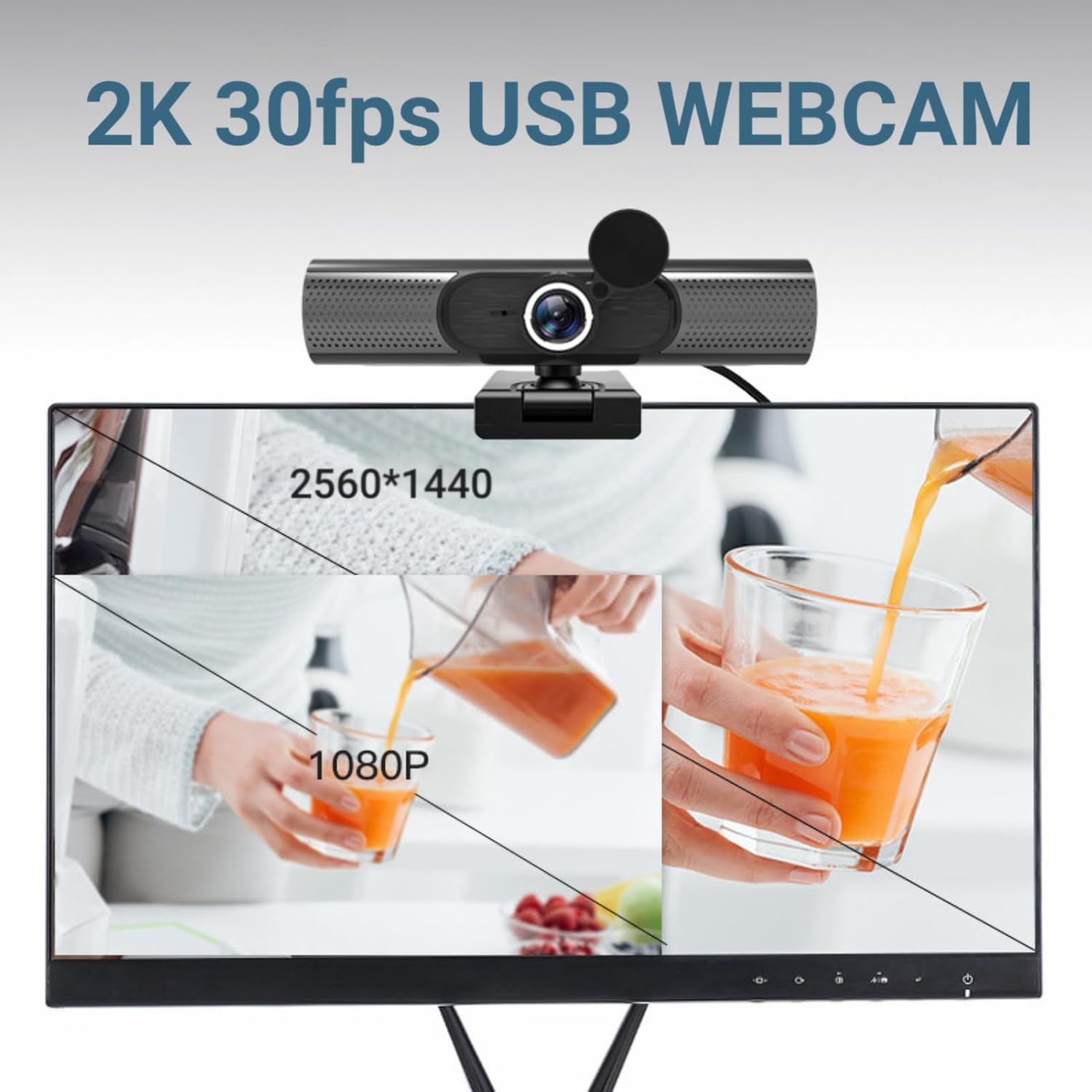 USB Webcam, 2K 30fps Auto Focusing Webcam with HiFi Speaker, Noise Reduction Mic for Desktop Laptop Video Chat, Plug and Play