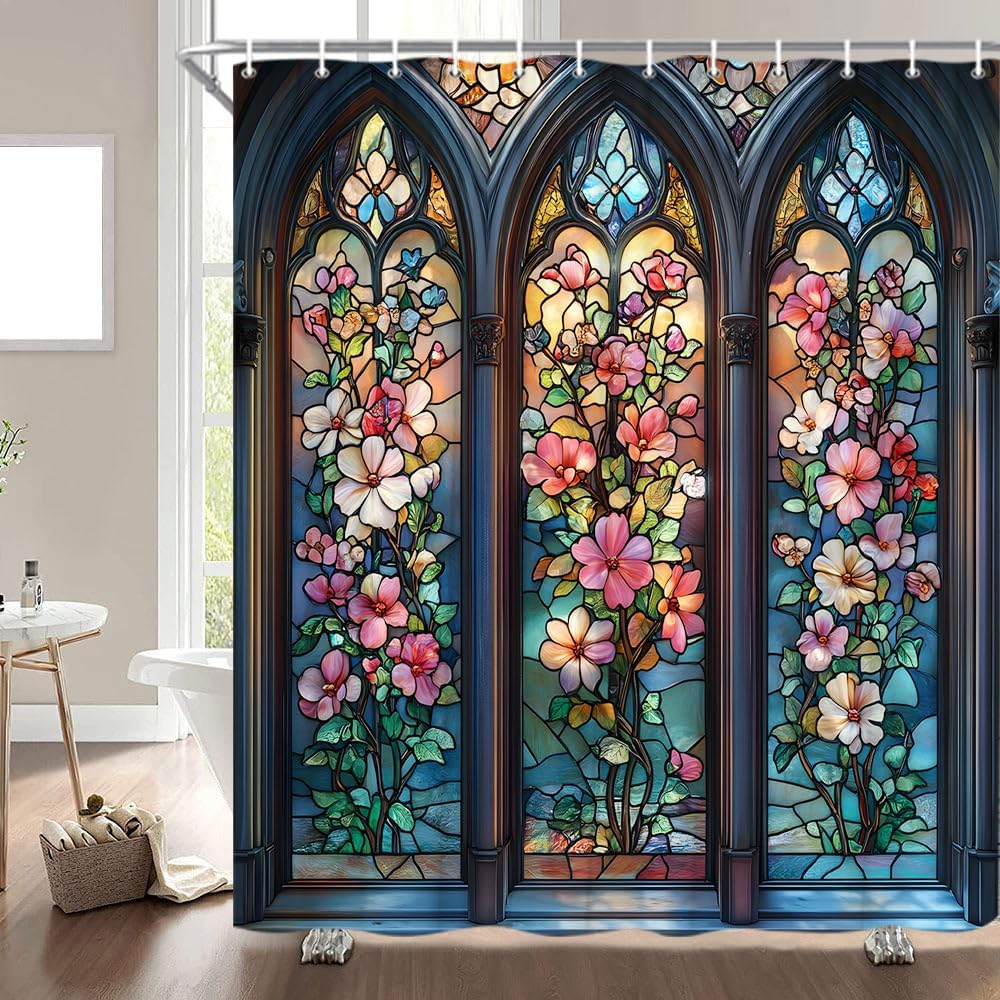 Abstract Stained Glass Shower Curtain Vintage Arched Window Boho Plant Pink Flower Leaves Ombre Teal Royal Style Bathroom Decor Curtains Polyester with Hooks