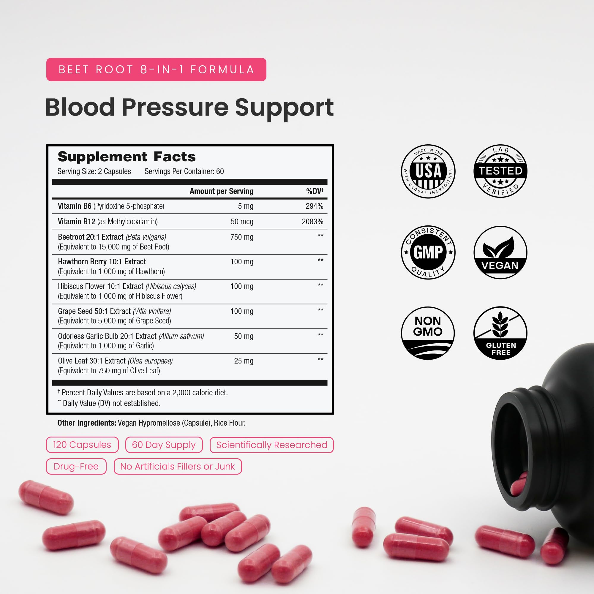 8-in-1 Beet Root Capsules - Healthy Blood Pressure Support Supplement** for Heart & Circulation, Energy Support - Hawthorn Berry, Hibiscus, Garlic & Grape Seed - Beet Juice Alternative - 120 Capsules — Amazon image 2