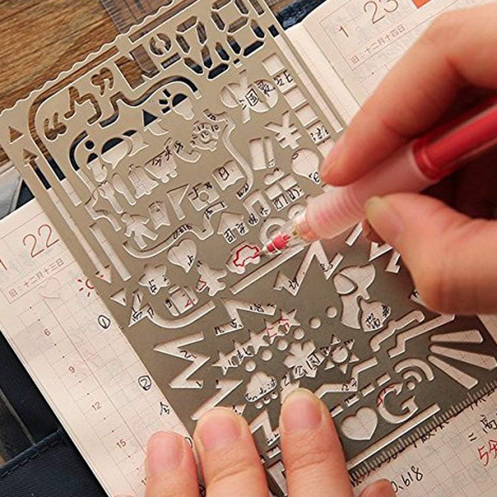 Trycooling 6 in 1 Stainless Steel Portable Drawing Graffiti Web UI/iOS/Number Alphabet/Vintage Brass Alphabet & Number Template Ruler Stencils