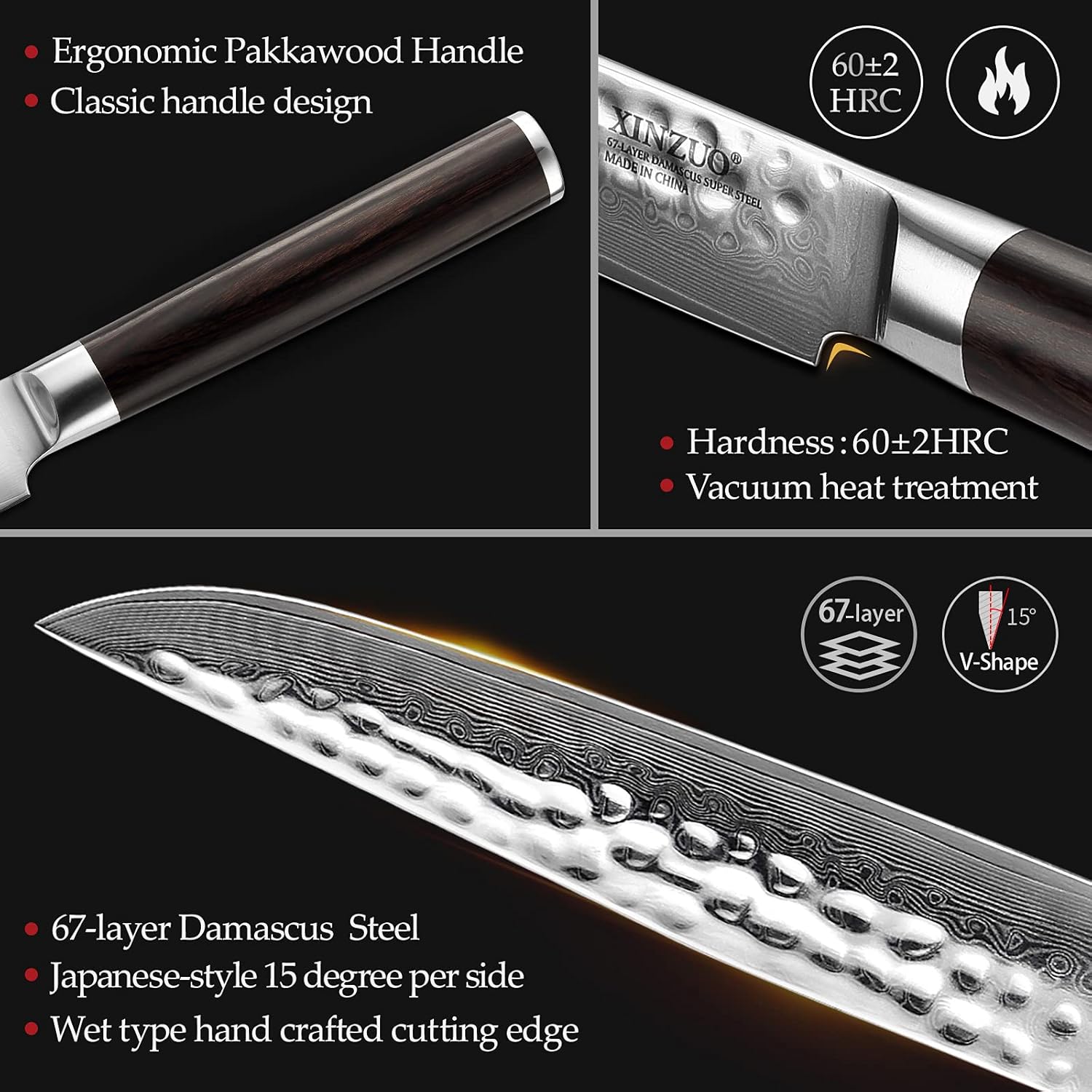 XINZUO 4Pcs Steak Knife Set, 5 inch Kitchen Table Knife 67 Layers Damascus Steel Sharp Professional Kitchen Cooking Knives with Gift Box, Ergonomic Pakkawood Handle – He Series: Home & Kitchen