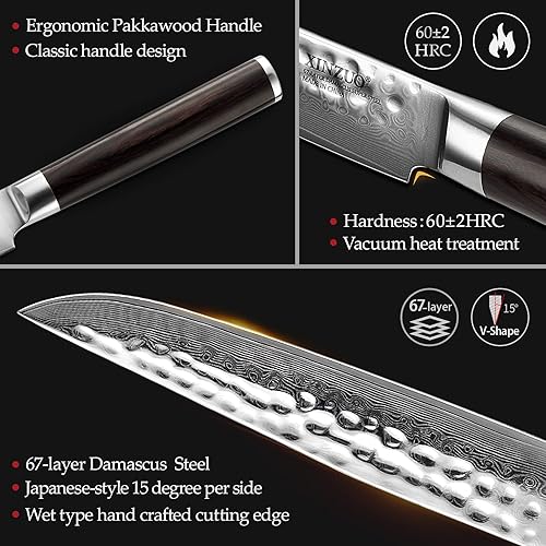 Miniatura 4 de XINZUO Juego de cuchillos para carne de 5 pulgadas, 4,67 capas forjados de damasco con caja de regalo, ultra afilados, mango de madera de Pakka