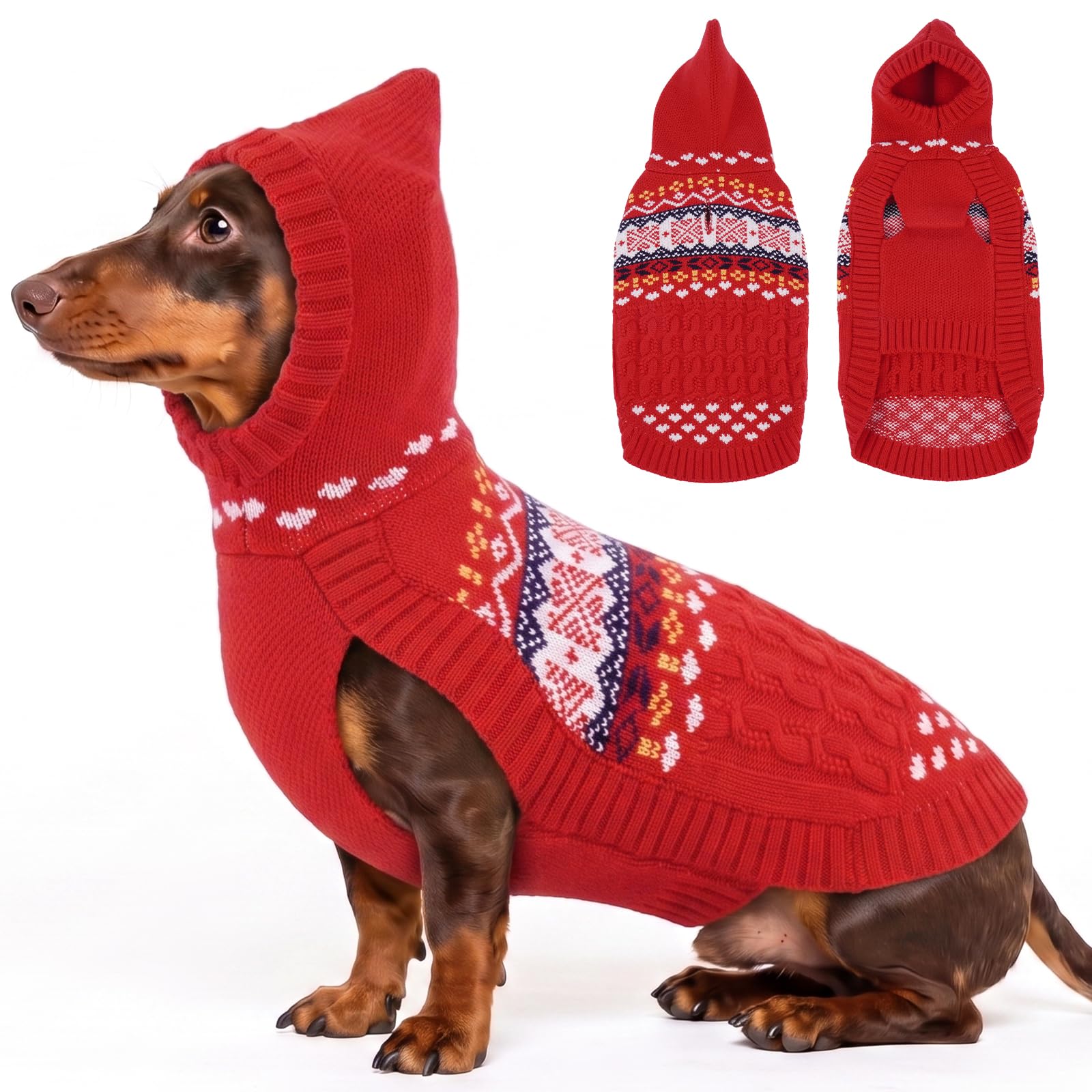 Lelepet Dachshund Jumper, Knit Sausage Dog Sweater with Hood,Red L