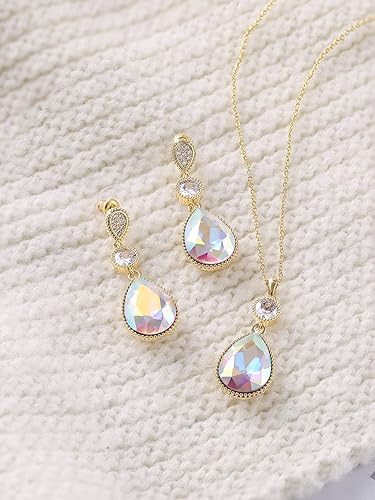 Miniatura 3 de Collares y aretes colgantes de cristal de lágrima grande de 0.709 x 0.512 in para mujer, chapado en globo