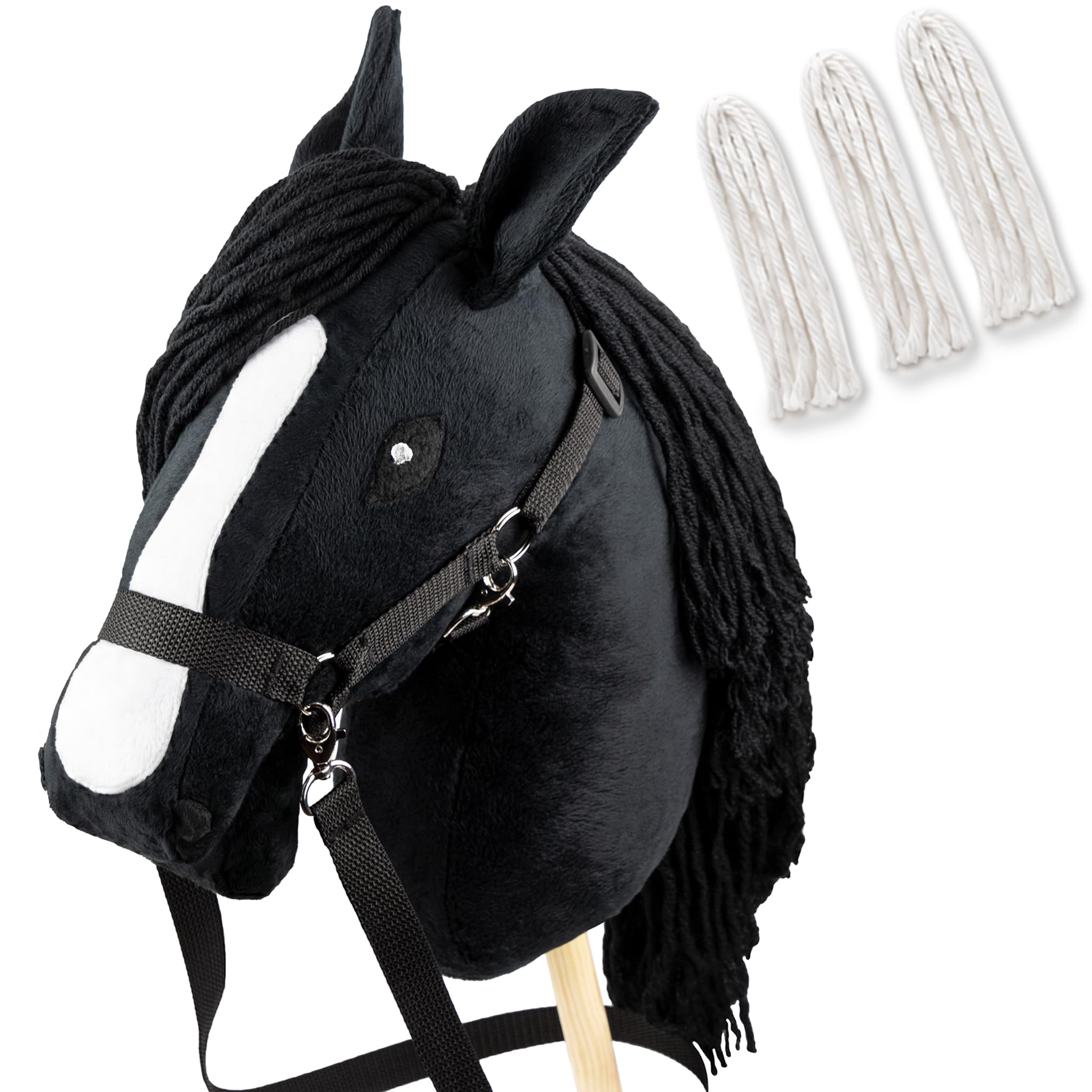 SKIPPI Hobby Horse Schwarz, A3 Steckenpferd mit Halfter und Zügeln im Set | Schwarzes Stockpferd mit Blesse und anklettbaren weißen Mähnensträhnen, Personalisierte Mähne, Hobby Horsing Pferd
