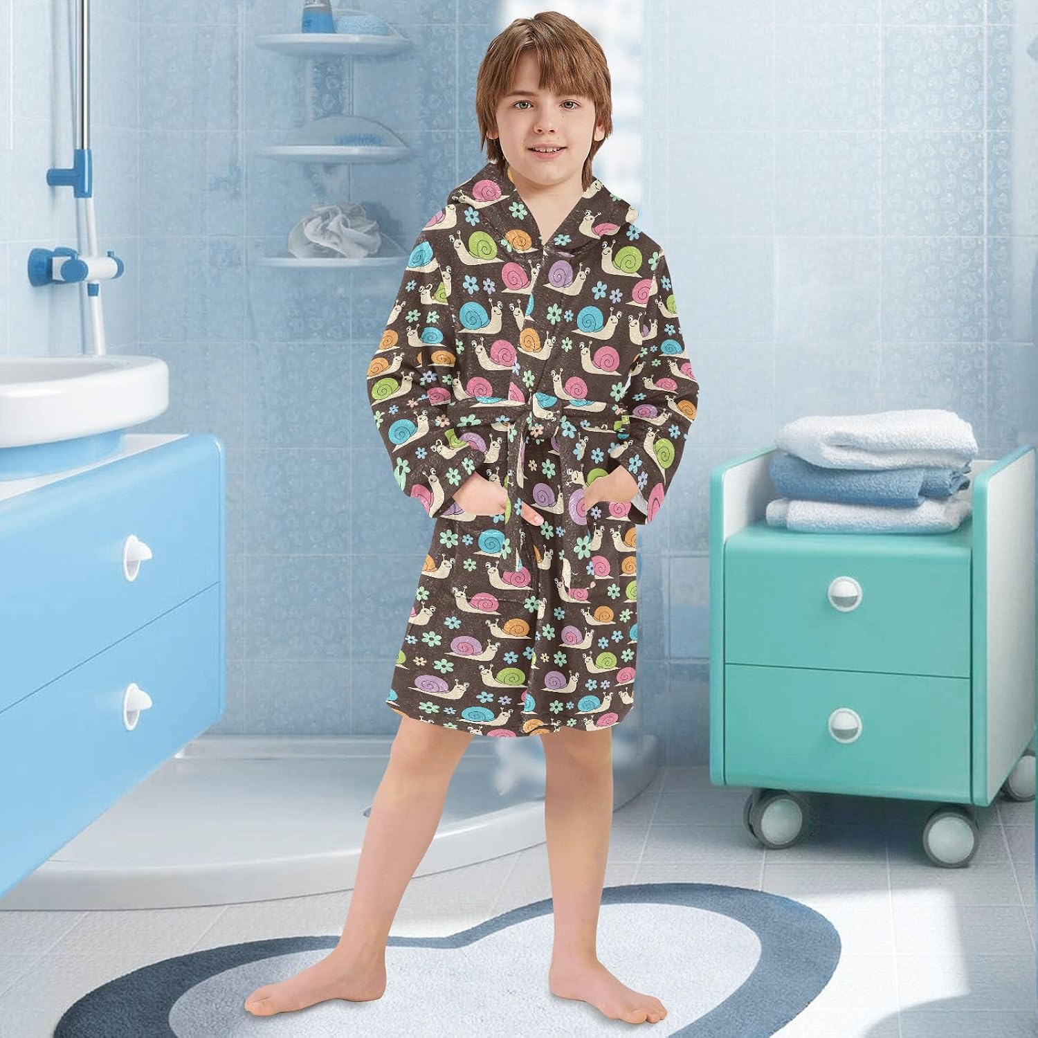 senya Cute Snail Flower Brown Toddler Hooded Bathrobe Kids Soft Plush Bath Towel Robes for Boys Girls 2-12 Years