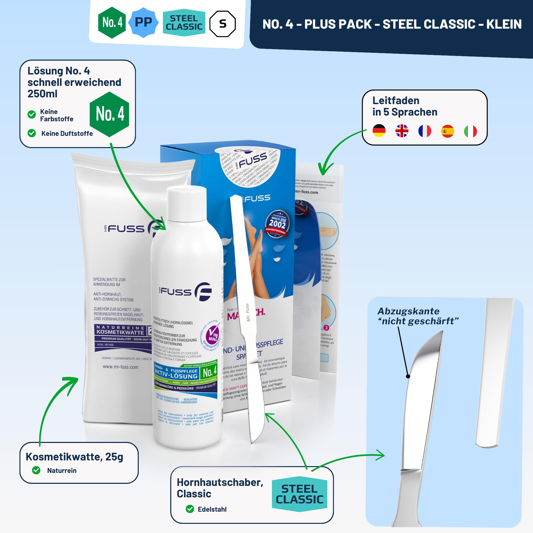 Mr. Fuss Soluzione attiva n. 4 Plus Pack Steel Classic – 3 pezzi per la cura dei piedi della calli