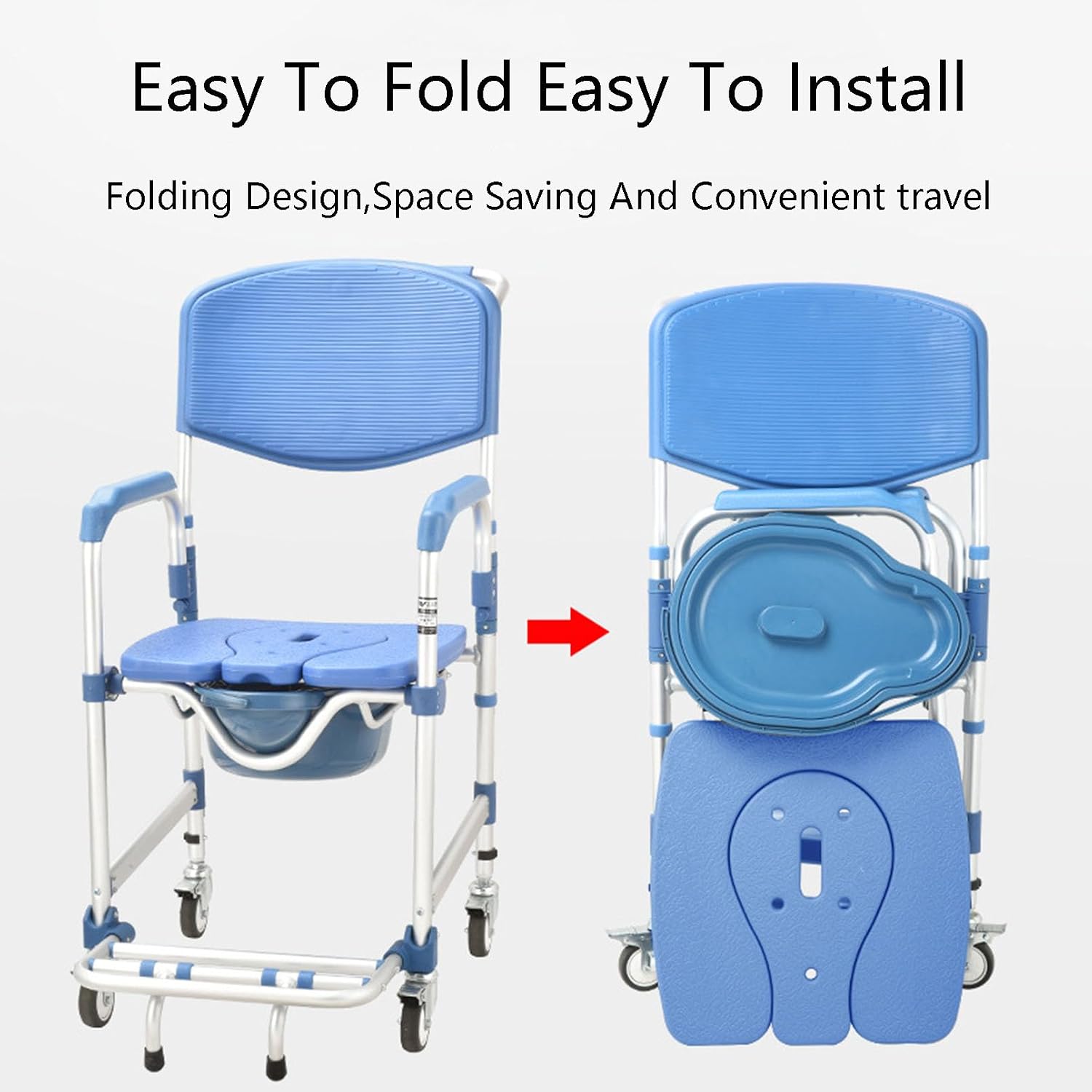 Commode Toilet Chair with Wheels Armrests Footrests Brake System, Wheelchair Folding Stability Sturdy Durable, Shower Chair for Elderly Disabled Comfortable Waterproof Non-Slip