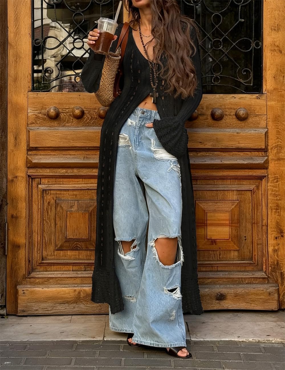 Women's 2025 Trendy V-Neck Button Down Crochet Knit Maxi Long Cardigans - Image 6