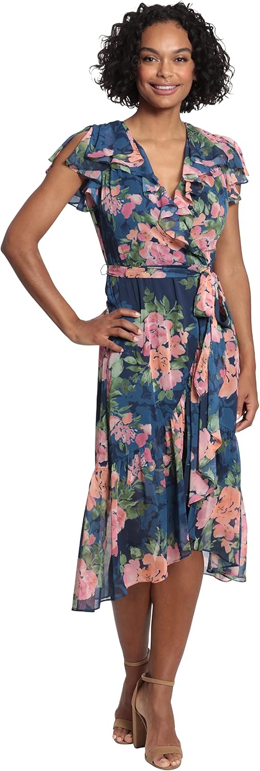 London Times Women's Women's Dresses Soft Feminine Ruffle Wrap High Low Dress with Arm Coverage
