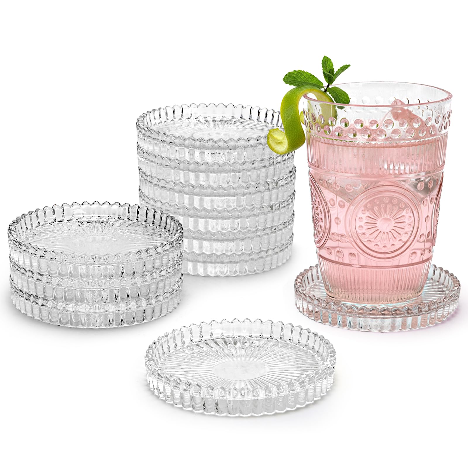 Elsjoy Confezione da 12 portacandele in vetro da 10,2 cm, rotondi in vetro trasparente a coste, sottobicchiere moderno per candele, per matrimoni, feste, centrotavola