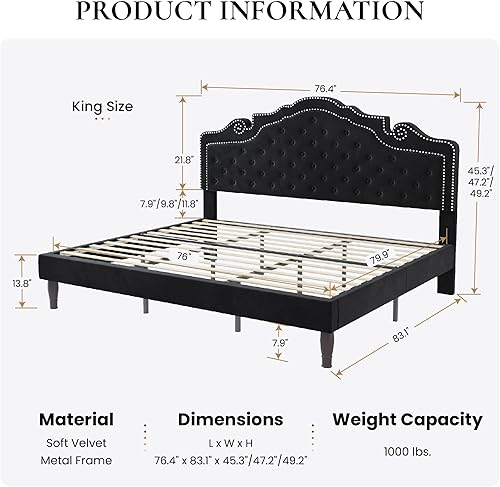 Miniatura 11 de SHA CERLIN Base de cama Queen con cabecera ajustable, tapizado de terciopelo, botón de diamante y tachuelas de metal, no necesita somier, soporte de