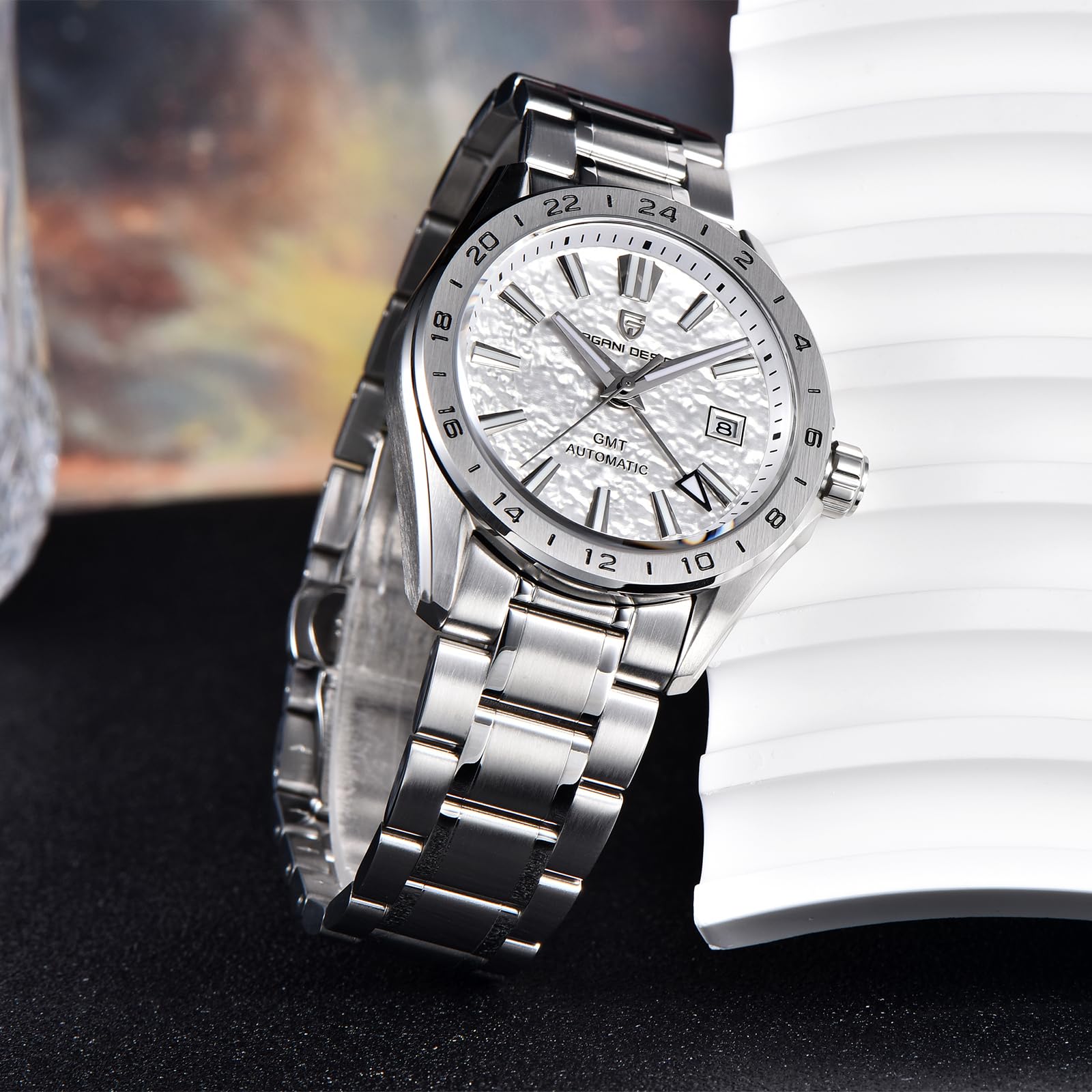 Pagani Design Herren GMT Automatikuhr Mechanisch Saphirglas Feste Lünette 100 Meter Wasserdicht Edelstahl Leuchtende Sport Herrenuhr