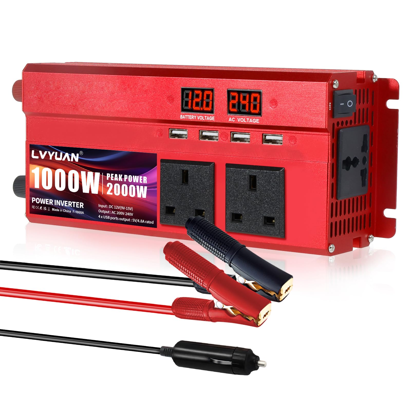 LVYUAN Inversor de 2000 W CC 12 V a 240 V CA, convertidor de coche de 1000